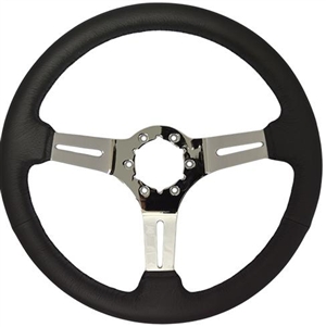 Volante S6 Sport Series Steering Wheel (6 Bolt Pattern), 14", Black Leather Grip, 3 Slotted Chrome Spokes, ST3012B