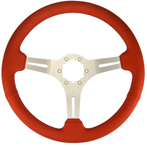 Volante S6 Sport Series Steering Wheel (6 Bolt Pattern), 14", Red Leather Grip, 3 Spokes with Slots, Brushed Finish, ST3014R