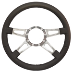 Volante S9 Premium Steering Wheel (9 Bolt Pattern), 14", Black Leather Grip, Polished Aluminum 4 Spoke with Slots, ST3070