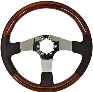 Volante S6 Sport Series Steering Wheel (6 Bolt Pattern), 14", Wood AND Leather Grip, 3 Spokes with Slots, Chrome Finish, ST3019