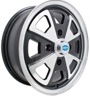 EMPI 914 Alloy Wheel (2.0L Alloy), Reproduction, Gloss Black with Polished Lip, 15 x 5.5", 4 x 130mm, EACH, 9681