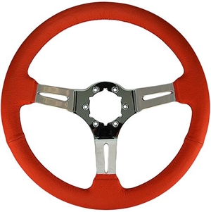 Volante S6 Sport Series Steering Wheel (6 Bolt Pattern), 14", Red Leather Grip, 3 Slotted Chrome Spokes, ST3012R