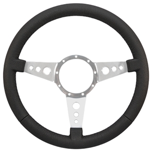 Volante S9 Premium Steering Wheel (9 Bolt Pattern), 14", Black Leather Grip, Polished Aluminum 3 Spoke with Holes, ST3056