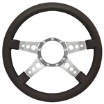 Volante S9 Premium Steering Wheel (9 Bolt Pattern), 14", Black Leather Grip, Polished Aluminum 4 Spoke with Holes, ST3071