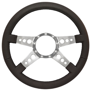 Volante S9 Premium Steering Wheel (9 Bolt Pattern), 14", Black Leather Grip, Polished Aluminum 4 Spoke with Holes, ST3071